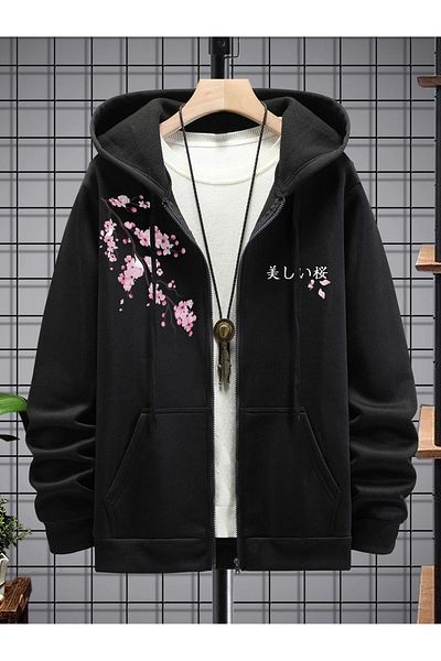 modaberry Sakura Flower Sweatshirt Zippered Cardigan - Black Printed Oversize Pocket Winter Hoodie