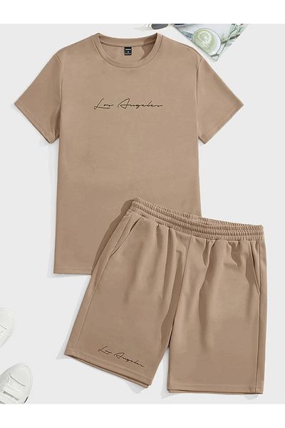 SeusCraft Los Angeles Lettering T-Shirt Shorts - Beige Bottom Top Team Shorts T-Shirt Combo Printed Crew Neck