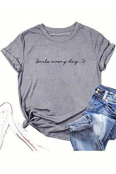 SeusCraft Μπλουζάκι Smile Every Day - Γκρι με στάμπα, Oversize, Καλοκαιρινό κ...