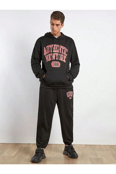 modaberry Αυθεντικό σετ αθλητικής φόρμας NewYork 388 Combination Bottom Top - Μαύρη στάμπα Oversize Λαστιχένια κουκούλα