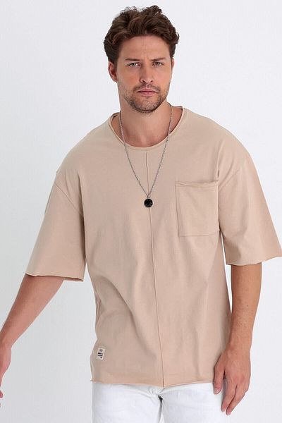 PELİTİSS Ανδρικό κοντομάνικο μπλουζάκι Oversize 100% βαμβακερό τσέπη και ρίγες Λεπτομερής χαμηλό γιακά