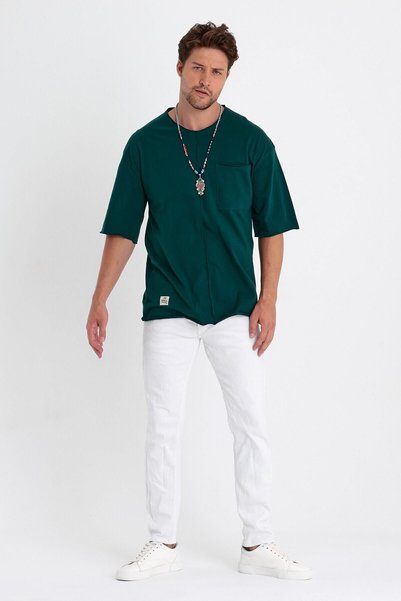 PELİTİSS Oversize Men's Short Sleeve T-Shirt 100% Cotton Pocket and Stripe Detailed Dirty Collar