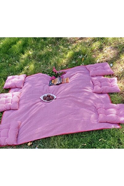 Marin Tasarım Evi Çok Amaçlı Kırmızı Piknik Örtü Seti 6 Adet 40x40 Minder 170x170 Masa Örtüsü