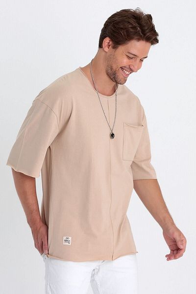 PELİTİSS Ανδρικό κοντομάνικο μπλουζάκι Oversize 100% βαμβακερό τσέπη και ρίγες Λεπτομερής χαμηλό γιακά
