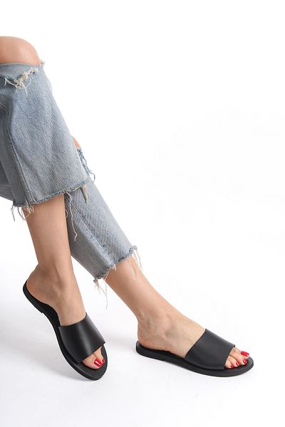 BodrumSandals Black Genuine Leather Women's Slippers - M3001