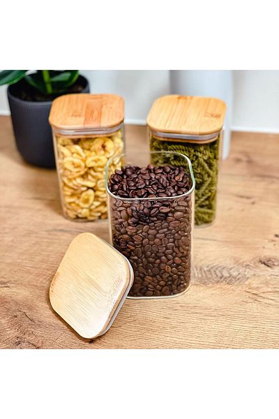 Karçiçeği Home 1000 ml Capacity 6-Piece Bamboo Dragee and Food Container - Square Glass Spice Bowl
