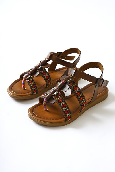 Limoya Genuine Leather Heam Tan Ethnic Patterned Women's Sandals