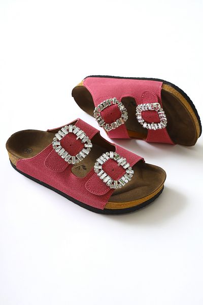 Limoya Venice Fuchsia Suede Stone Detailed Buckle Double Banded Women's Slippers