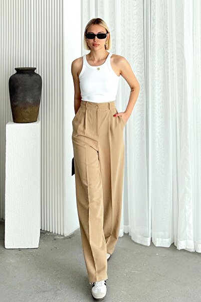 Trend Alaçatı Stili Dark Beige Linen Palazzo Trousers - Double Pocket, Pleated Alc-X12446