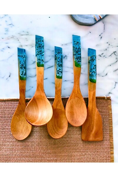 LOTUSSPOON Gece Mavisi Premium 5 Parça El Yapımı Tahta Kaşık Mutfak Seti Kaşı...