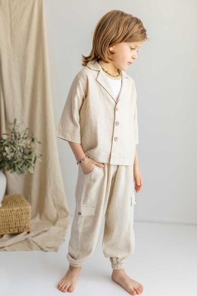 Oliven The Kid Beige Natural Linen Jacket Collar Half Sleeve Buttoned Loose Cut Boys' Shirt