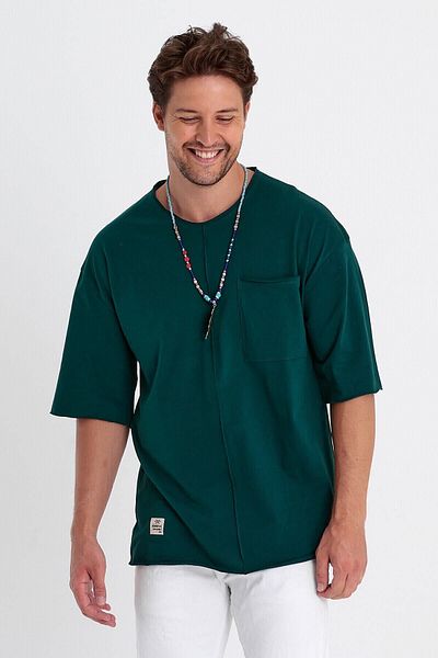 PELİTİSS Мъжка тениска с къс ръкав Oversize, 100% памук, джоб и райета, детайлна разрошена яка