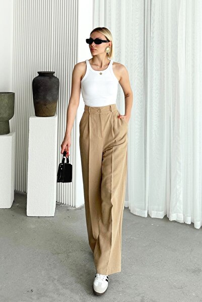 Trend Alaçatı Stili Dark Beige Linen Palazzo Trousers - Double Pocket, Pleated Alc-X12446