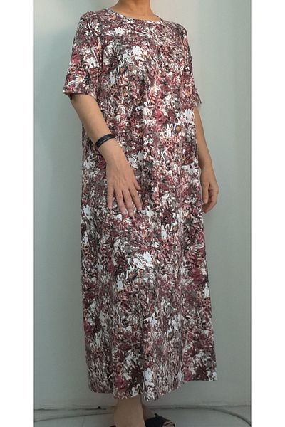 Mertcan Butik Front and Back Cutout Gathered Ecru Pink Patterned Combed Cotton Viscose Dress