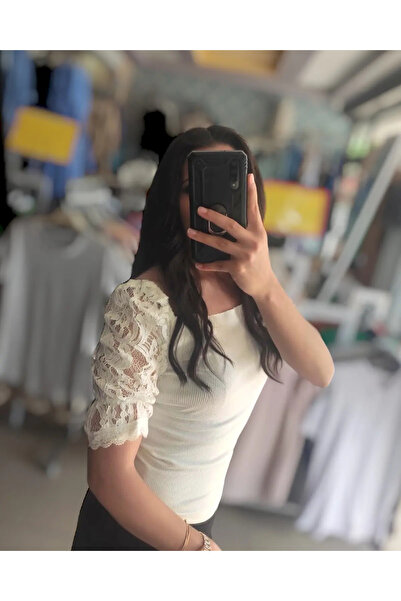 Sublime Butik Balon Dantel Kol Vücuda Yapışan Crop T-Shirt