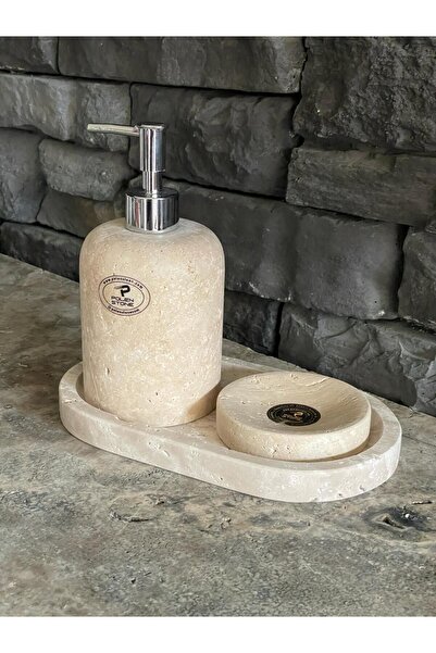 Polen Stone طقم حمام من الحجر الطبيعي من الترافرتين الخفيف مكون من 3 قطع مع ص...