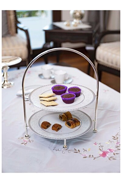 Bakır Concept Gümüş Kaplama İki Katlı Etejer Sunumluk Gümüş Renk