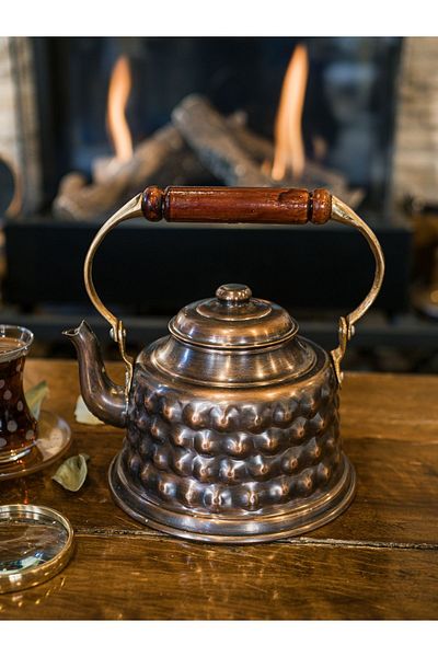Bakır Concept Colorful Copper Teapot with Oxtili - Embossed Maraş Model