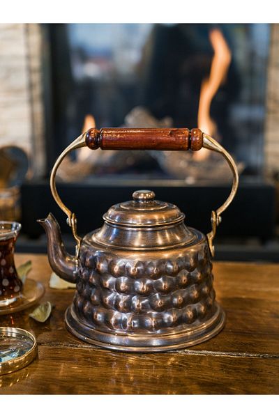 Bakır Concept Colorful Copper Teapot with Oxtili - Embossed Maraş Model