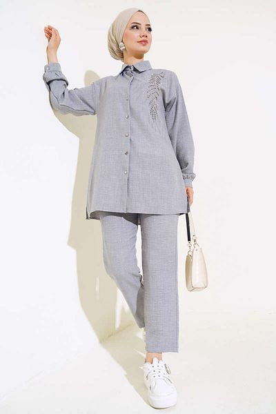 VOLT CLOTHİNG Leinen-Set für Damen mit Stickerei in Stein – mit Hose
