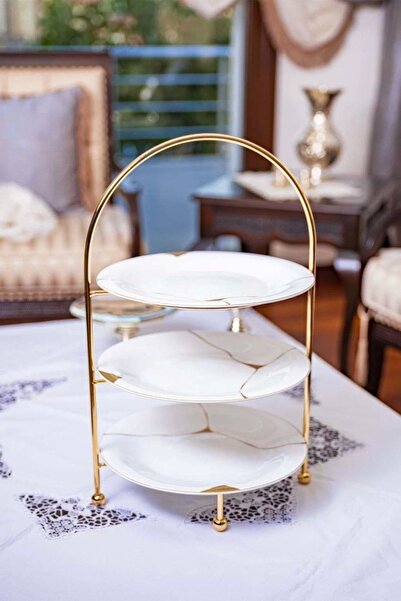 Bakır Concept Gümüş Kaplama Üç Katlı Etejer Sunumluk Gold Renk