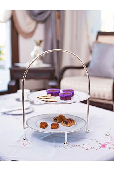 Bakır Concept Gümüş Kaplama İki Katlı Etejer Sunumluk Gümüş Renk