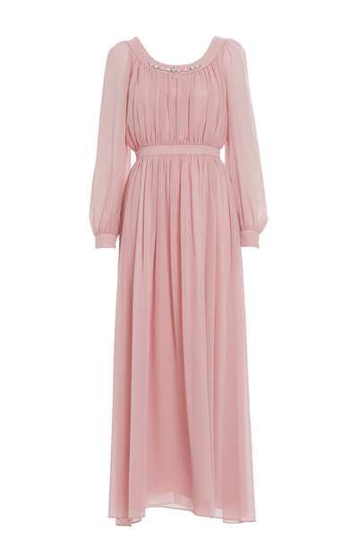 kı.we Yakası Taş İşleme Detaylı Eteği Kloş Pembe Abiye Elbise