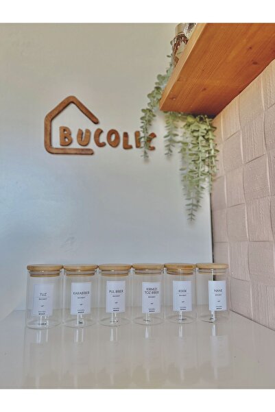 BUCOLIC طقم 6 أواني توابل زجاجية بغطاء مفرغ من الخيزران 300 مل مع 6 ملاعق خشبية
