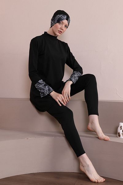 FİT1BEDEN Large Size Fan Long Sleeve Palm Model Closed Hijab Swimsuit