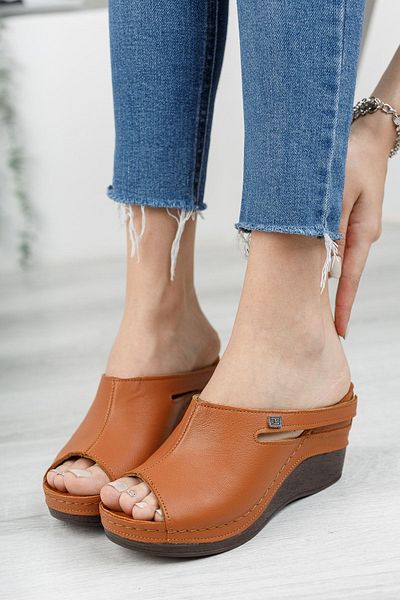 Ender Women's Brown Genuine Leather Wedge Heel Slippers