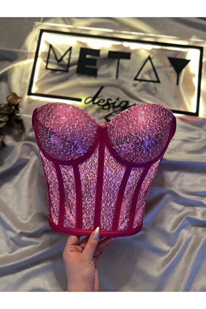 Metay Design Fuşya Pullu Payetli Korse Büstiyer Model-S