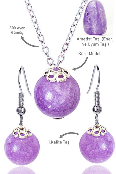 Tesbih Atölyesi Certified Globe Model Necklace and Earring Set with Amethyst Stone - Silver Apparatus