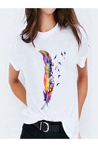 CLASSY.MODA قميص تيشرت سوبريم للنساء - أبيض مطبوع قصة فضفاضة برقبة دائرية وأك...