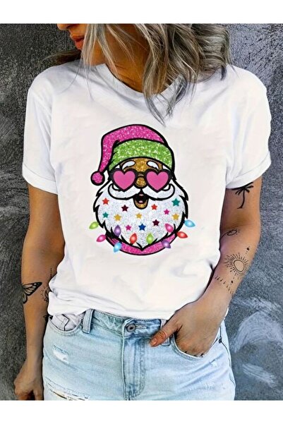 CLASSY.MODA قميص تيشرت سوبريم للنساء - أبيض مطبوع قصة فضفاضة برقبة دائرية وأك...