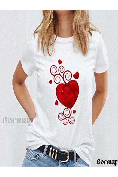 CLASSY.MODA قميص تيشرت سوبريم للنساء - أبيض مطبوع قصة فضفاضة برقبة دائرية وأك...