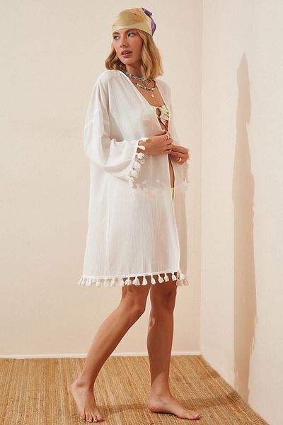 hazelin Γυναικείο Midi Kimono με λευκή φούντα Hzl22s-bd 158331