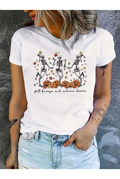 CLASSY.MODA قميص تيشرت سوبريم للنساء - أبيض مطبوع قصة فضفاضة برقبة دائرية وأك...