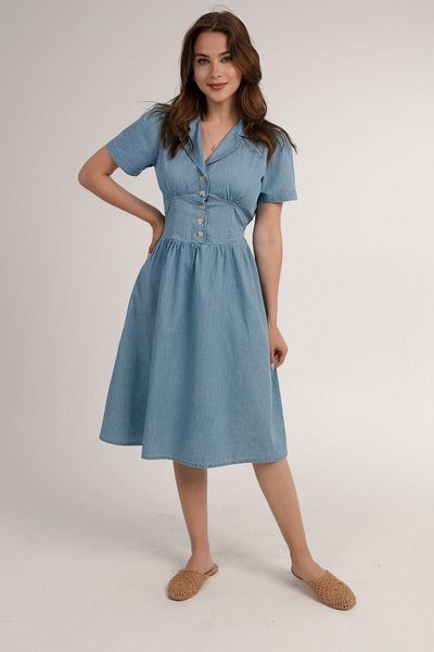 hazelin Rochie de damă, albastru deschis, cu mânecă scurtă, cu talie elastică, cu jumătate de nasture, piept, dart, din denim Hzl22s-bd122101
