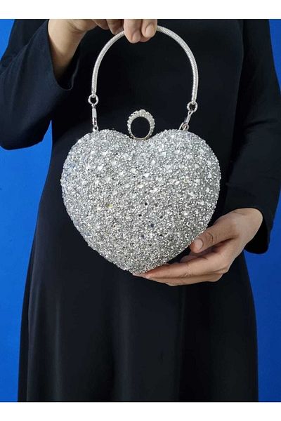 çantamgelsin Geantă de seară cu inimă de cristal argintiu pentru femei