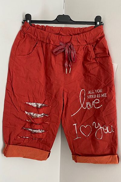 AYASOFYA OTANTIK Red Slim Fit Bermuda Shorts - Italian, Laser Cut, Elastic Waist and Text Printed