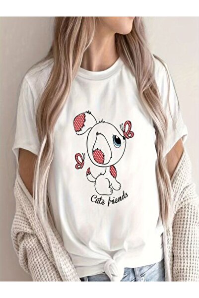 CLASSY.MODA قميص تيشرت سوبريم للنساء - أبيض مطبوع قصة فضفاضة برقبة دائرية وأك...