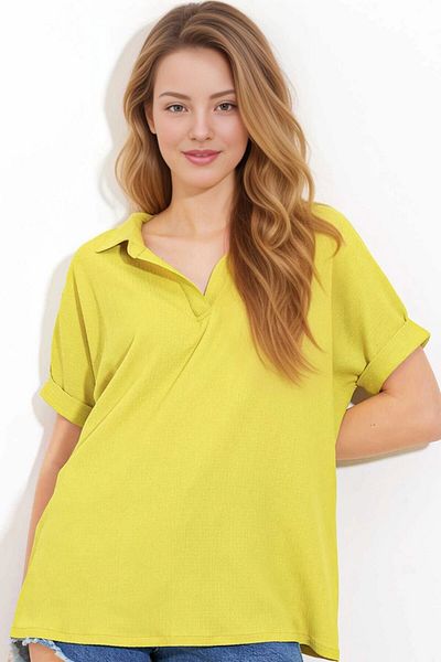 hazelin Bluză de damă cu decolteu polo verde fistic - croială largă HZL24S-BD104861