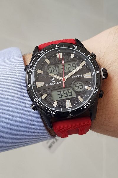 Daniel Klein Digital/Analog Men's Wrist Watch with Alarm, Stopwatch, Light Red Silicone Strap