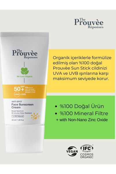 The Prouvee Reponses %100 Doğal 50+SPF Anti-Spot Leke Karşıtı Yüz için Organik Güneş Koruyucu Krem 40 ml