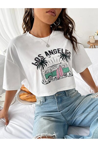 over head oh Crop alb supradimensionat - Femei cu imprimeu Los Angelos Beach