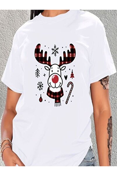 CLASSY.MODA قميص تيشرت سوبريم للنساء - أبيض مطبوع قصة فضفاضة برقبة دائرية وأك...