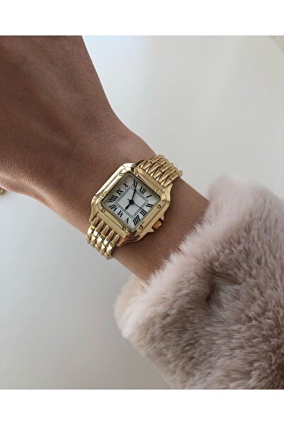 ÇENÇEN Gold Renk Roma Rakamlı Kare Cartier Model Taşsız Kadın Kol Saati