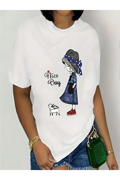 CLASSY.MODA قميص تيشرت سوبريم للنساء - أبيض مطبوع قصة فضفاضة برقبة دائرية وأك...