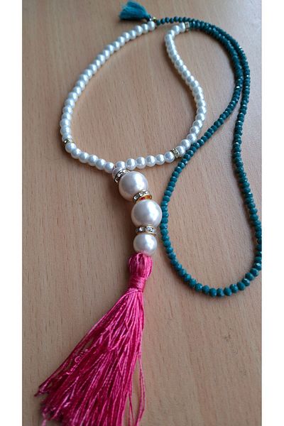 azra takı tasarım Pink Tasseled Long Crystal Pearl Women's Necklace - Authentic Handmade