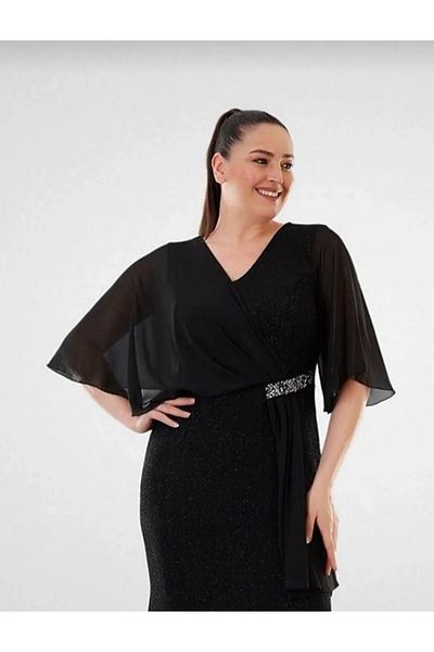 Bersi Butik Plus Size Slit Black Glitter Evening Dress